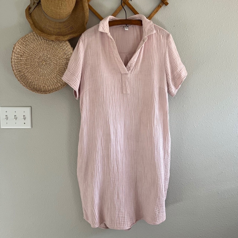 Three Dots Collared Gauze Shirt Dress